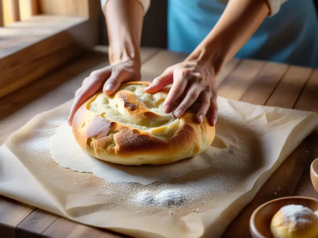 Un maestro panadero moldea con destreza una bola de masa dorada de focaccia en una mesa de madera rústica, bañada por la luz del sol