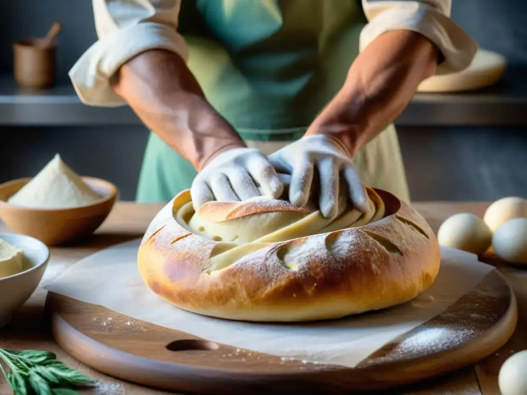 Un maestro panadero moldea con destreza la masa del clásico pan Pane di Genzano, mostrando las técnicas de elaboración transmitidas por generaciones