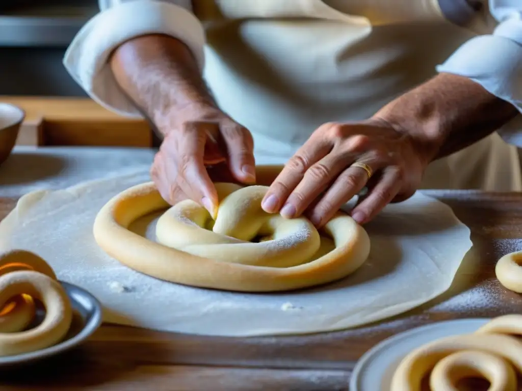 Un maestro panadero moldea con destreza la masa de la receta auténtica taralli dolci italiano, reflejando tradición y artesanía en la cocina rústica