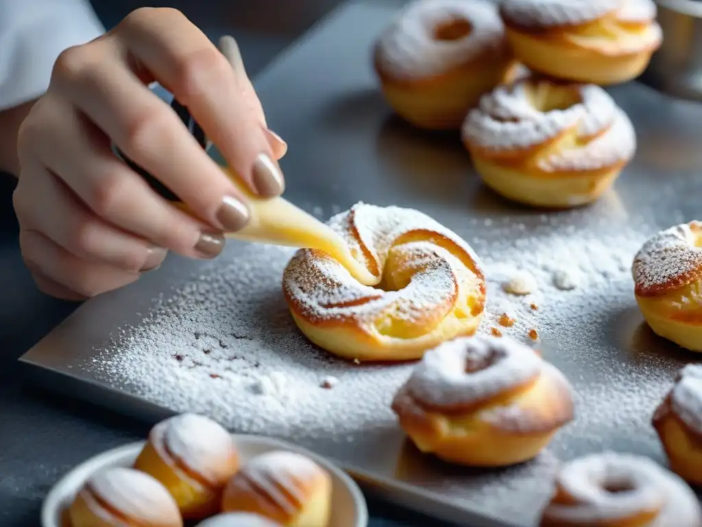 Un maestro panadero moldea con destreza la masa de Zeppole di San Giuseppe, mostrando la artesanía de la receta