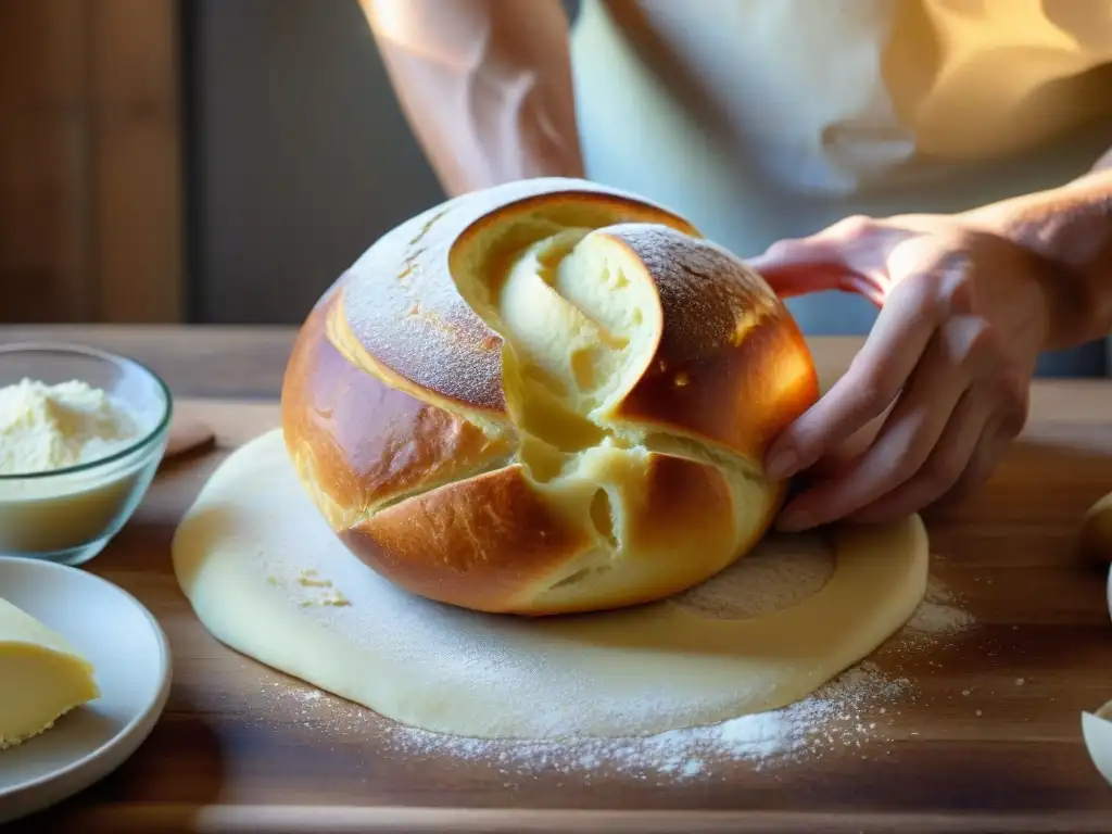 Un maestro panadero amasa con destreza una receta auténtica de pan brioche en una escena rústica y cálida