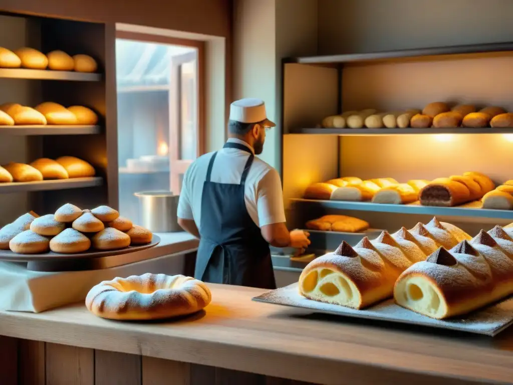 Un maestro panadero preparando dulces italianos al horno en una panadería tradicional