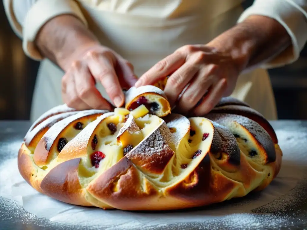 Un maestro panadero experto en la elaboración del Panettone, con las manos expertas mezclando frutas confitadas y pasas en la masa esponjosa