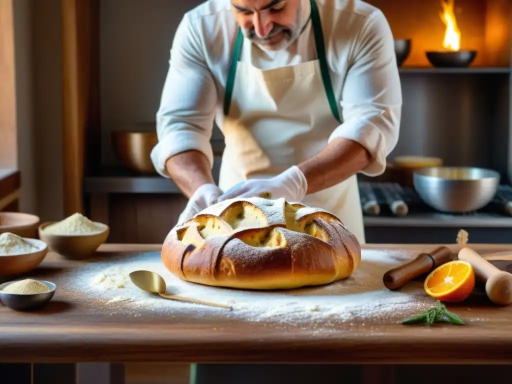 Un maestro panadero experto en acción, creando un Panettone en una cocina rústica llena de herramientas vintage