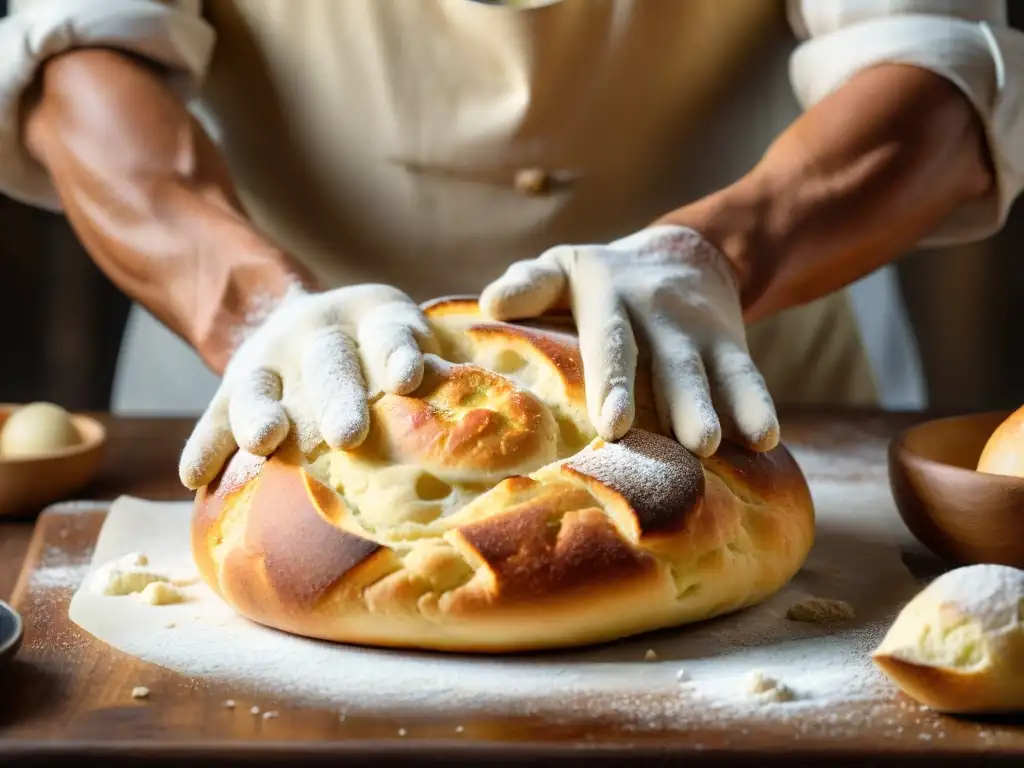 Maestro panadero Alessandro Borghese amasando focaccia paso a paso con pasión y destreza en cocina cálida