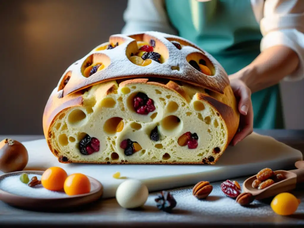 Un maestro panadero mezcla expertamente frutas confitadas y masa para panettone, mostrando la historia y evolución de este icónico postre navideño