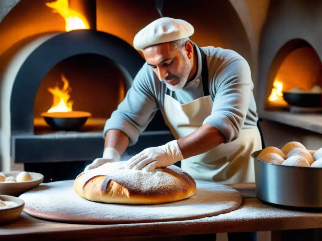 Maestro panadero italiano amasa calzones frente a horno de leña, envuelto en harina, ambiente cálido