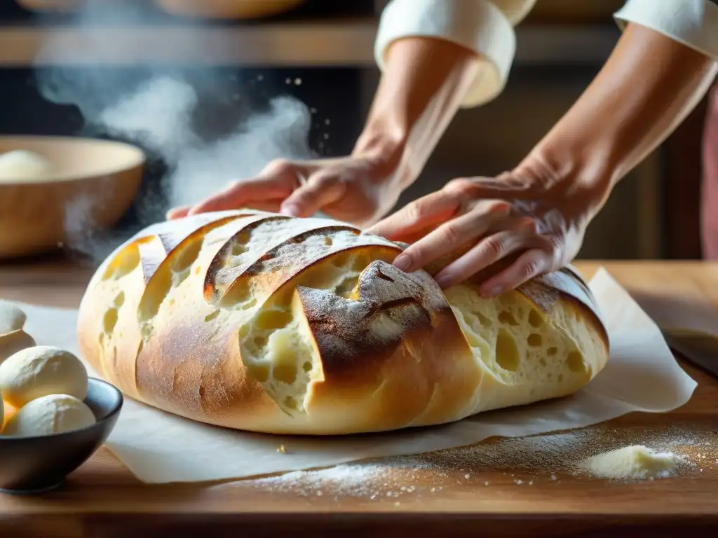 El maestro panadero italiano moldea la ciabatta, mostrando innovaciones panadería italiana contemporánea