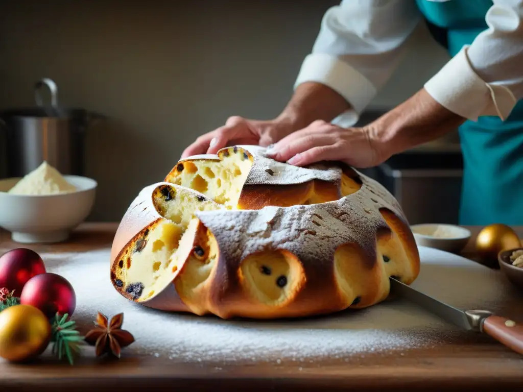 Un maestro panadero italiano moldea con destreza la masa del Panettone, mostrando el proceso detallado y la dedicación