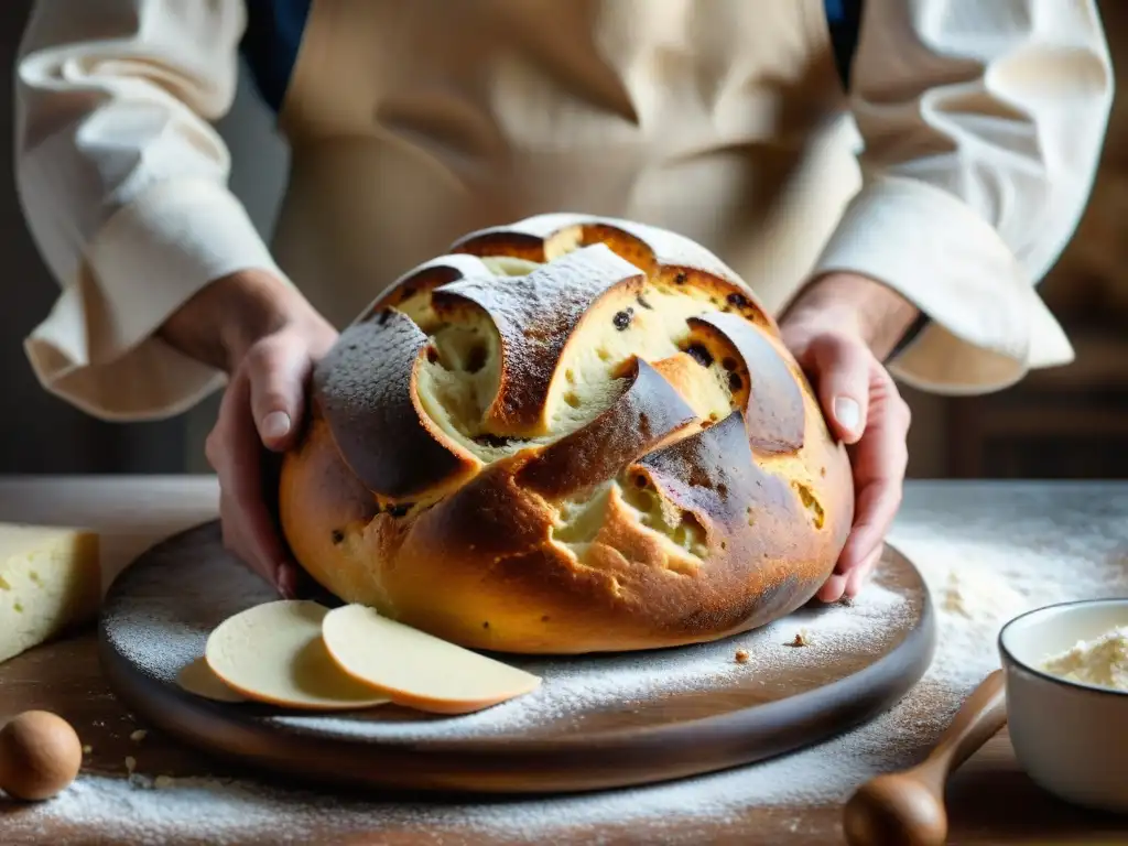 Un maestro panadero italiano amasa con destreza una gran cantidad de masa para Panettone en una panadería tradicional