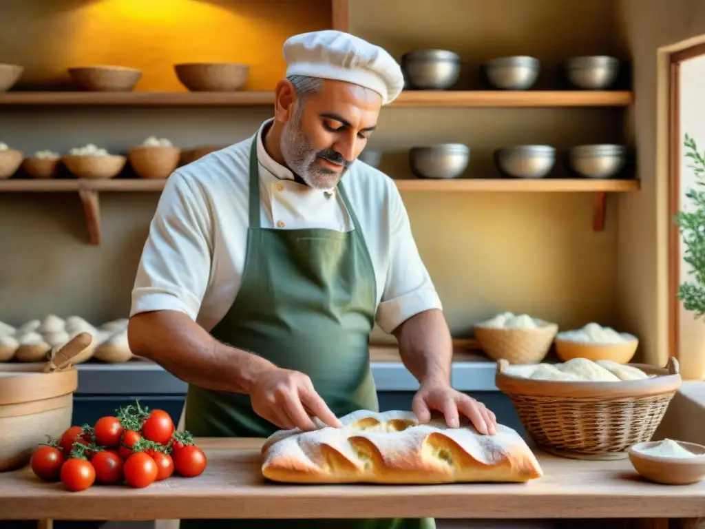 Un maestro panadero italiano en Apulia amasa con destreza la masa de focaccia barese en una cocina rústica bañada por la cálida luz mediterránea