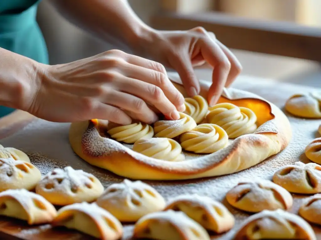 Un maestro panadero italiano da forma a la masa de Galleta italiana Torcetti al burro con destreza, evocando tradición y arte culinario