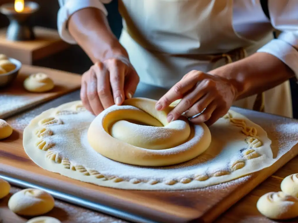 Un maestro panadero italiano dando forma delicadamente a la masa para taralli dolci, capturando la auténtica receta italiana