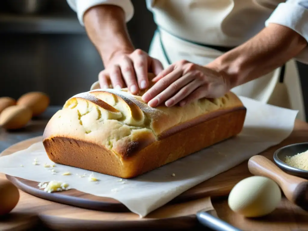 Un maestro panadero italiano moldeando a mano un pan de almendra, en una panadería rústica llena de ingredientes y herramientas vintage