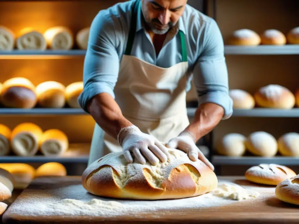 Maestro Panadero Italiano moldea con maestría la masa de pan tradicional en una panadería rústica italiana