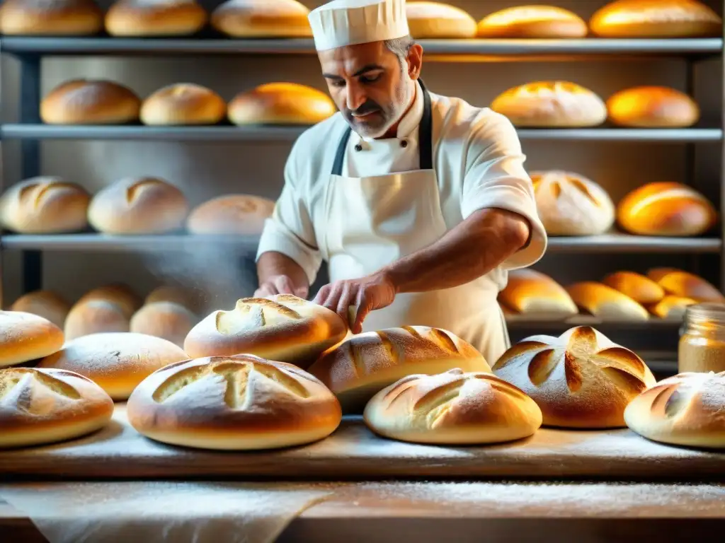 Un maestro panadero italiano moldeando masa con destreza, destacando la historia y arte detrás de la panadería italiana