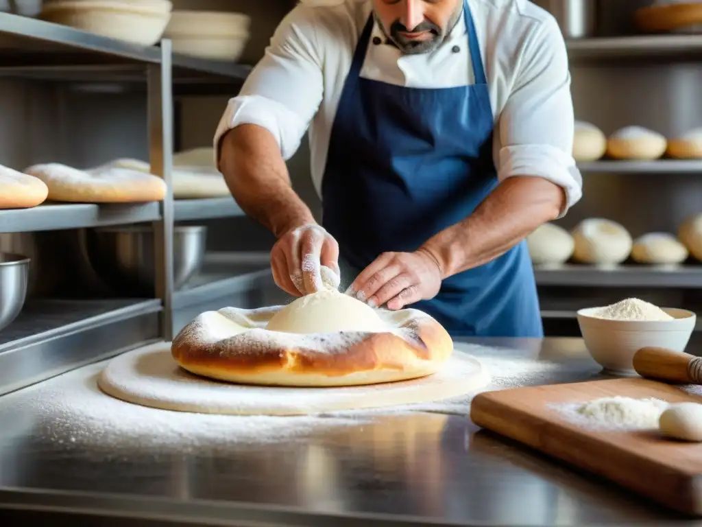 Un maestro panadero italiano moldea la masa de pizza con precisión en una cocina tradicional