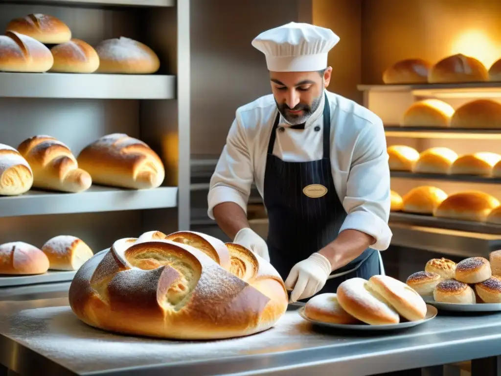 Un maestro panadero italiano moldeando un pan rústico en una panadería artesanal italiana tradicional