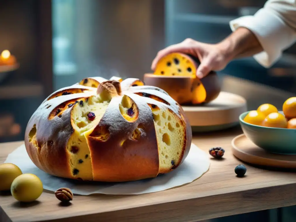 Un maestro panadero italiano dando vida al Panettone, mostrando la artesanía detrás de este postre