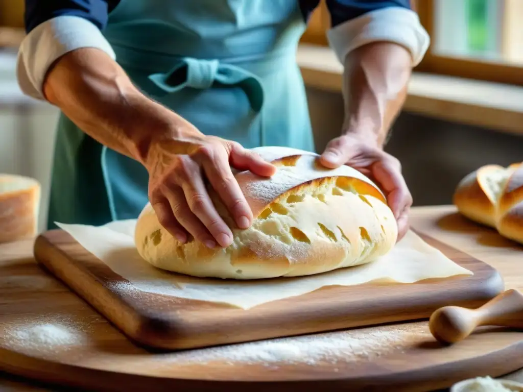 El maestro panadero moldea a mano con detalle un pan ciabatta tradicional italiano, destacando cada textura con luz natural