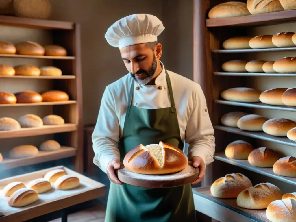 Un maestro panadero moldea a mano Pan Sciocco en una panadería toscana al amanecer, con estantes de madera rústica llenos de pan recién horneado