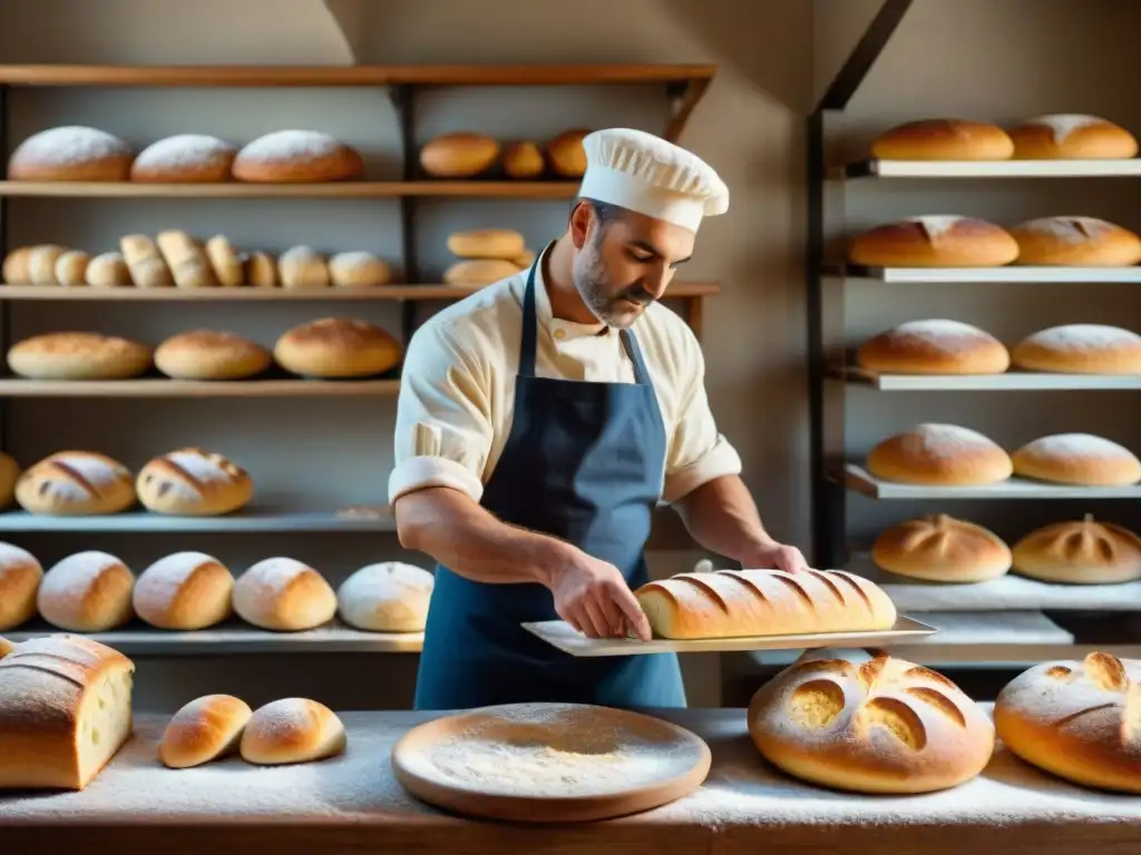 Un maestro panadero moldea la masa para auténticos panes ciabatta en una panadería artesanal italiana tradicional