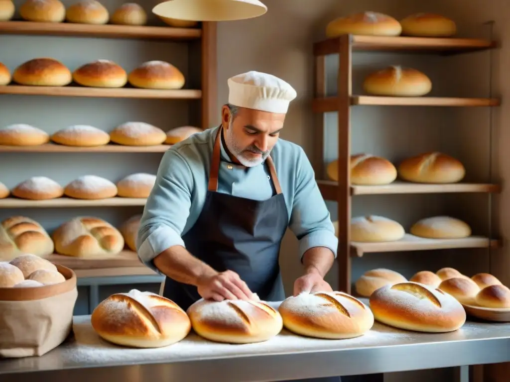 El maestro panadero moldea la masa con destreza en una panadería italiana tradicional, iluminada por una cálida luz dorada