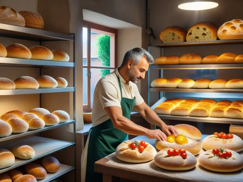 Un maestro panadero amasando masa para focaccia en una panadería italiana tradicional