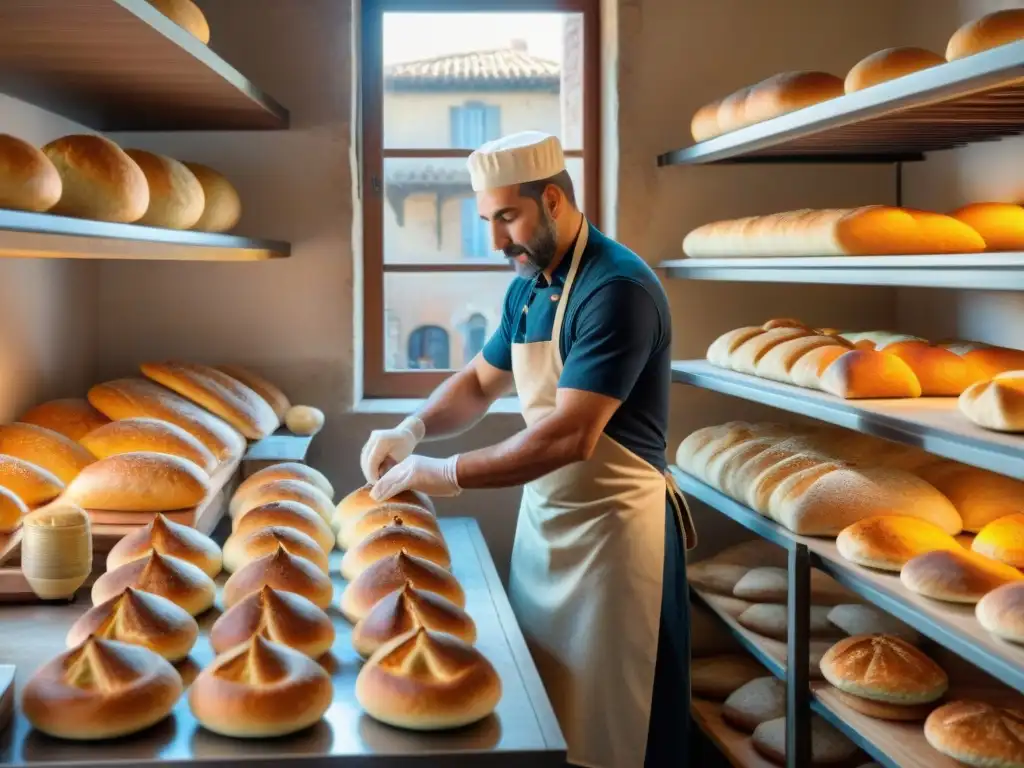 Un maestro panadero moldea masa de focaccia en una panadería toscana