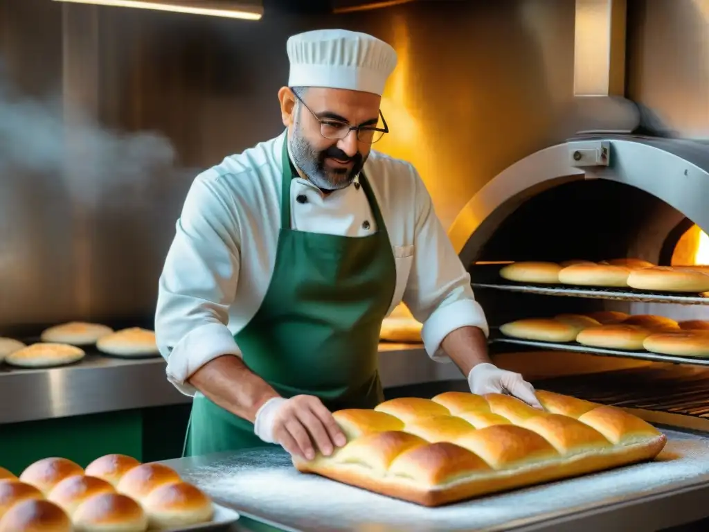 Un maestro panadero prepara la masa de Focaccia Barese con aceite de oliva dorado y romero fresco, frente al horno brillante