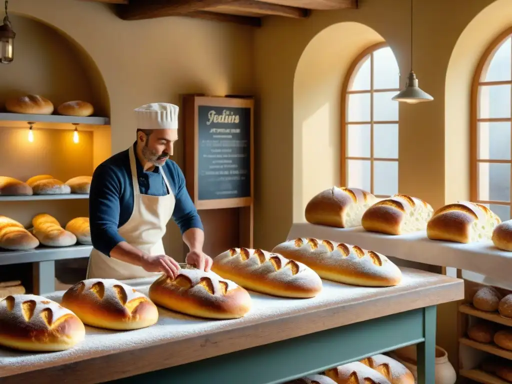 Maestro panadero moldeando masa en panadería italiana contemporánea con innovaciones