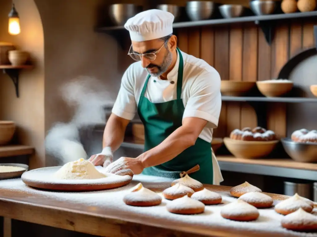 Maestro panadero amasando masa de Panforte en cocina italiana tradicional: historia, receta y degustación