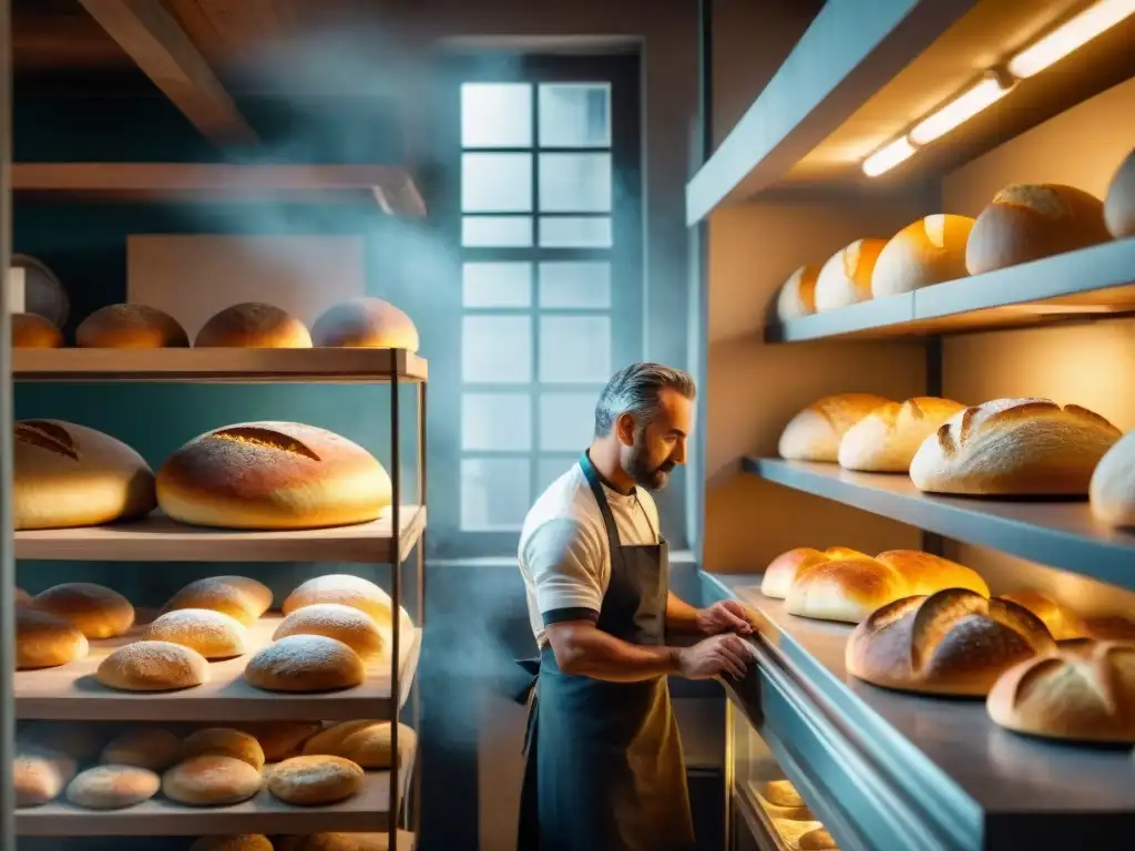 Maestro panadero en una panadería italiana al amanecer, resaltando la importancia del pan en Italia