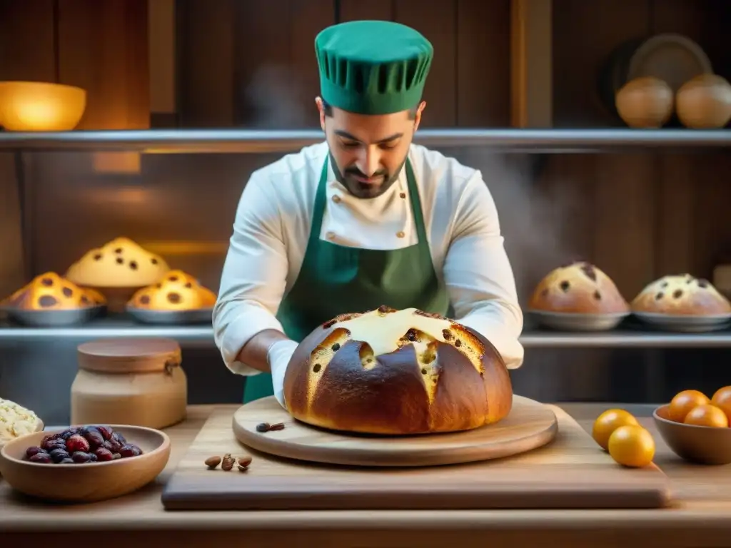 Un maestro panadero en una panadería italiana tradicional, muestra la transformación del Panettone Italia con maestría, amor y tradición