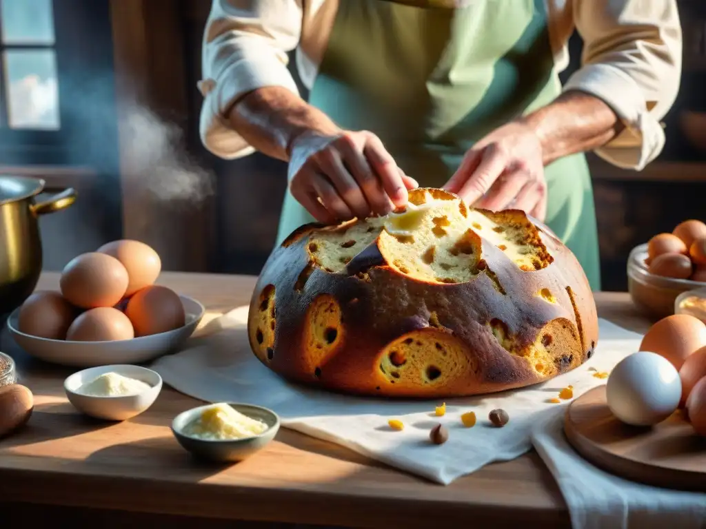 Un maestro panadero elabora un panettone artesanal rodeado de ingredientes frescos en una cocina rústica