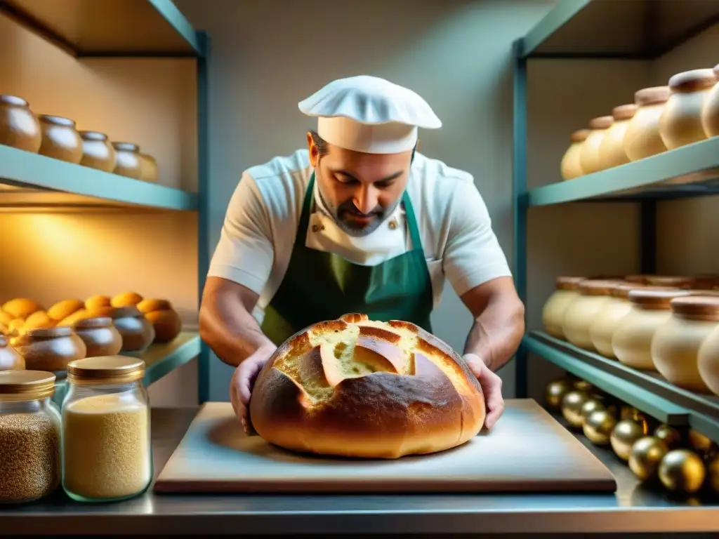 Un maestro panadero elabora un Panettone tradicional receta italiana en una panadería al amanecer, rodeado de ingredientes y frutas confitadas