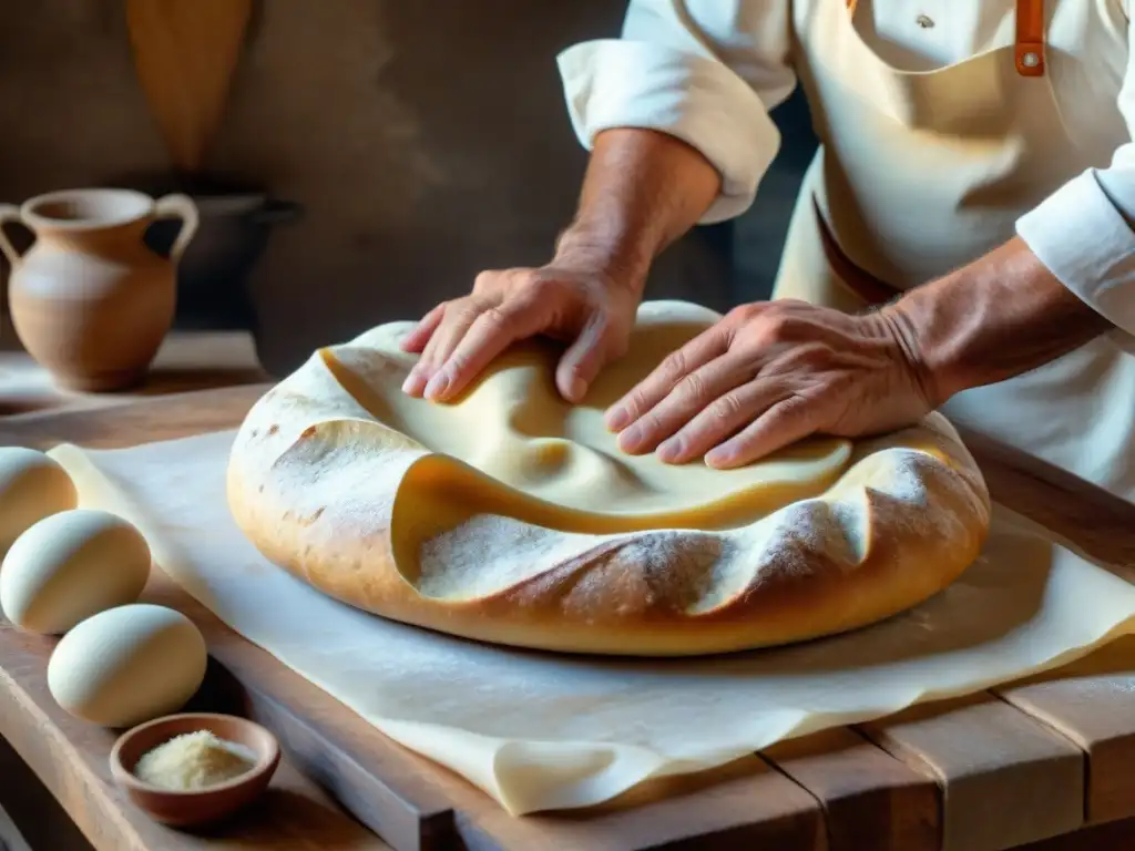 Maestro panadero sardo elaborando Pane Carasau, mostrando destreza y tradición