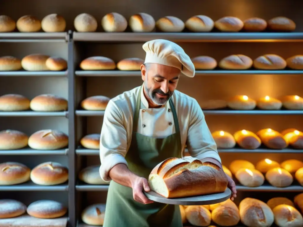 Maestro panadero en Toscana moldea Pane Toscano en panadería centenaria