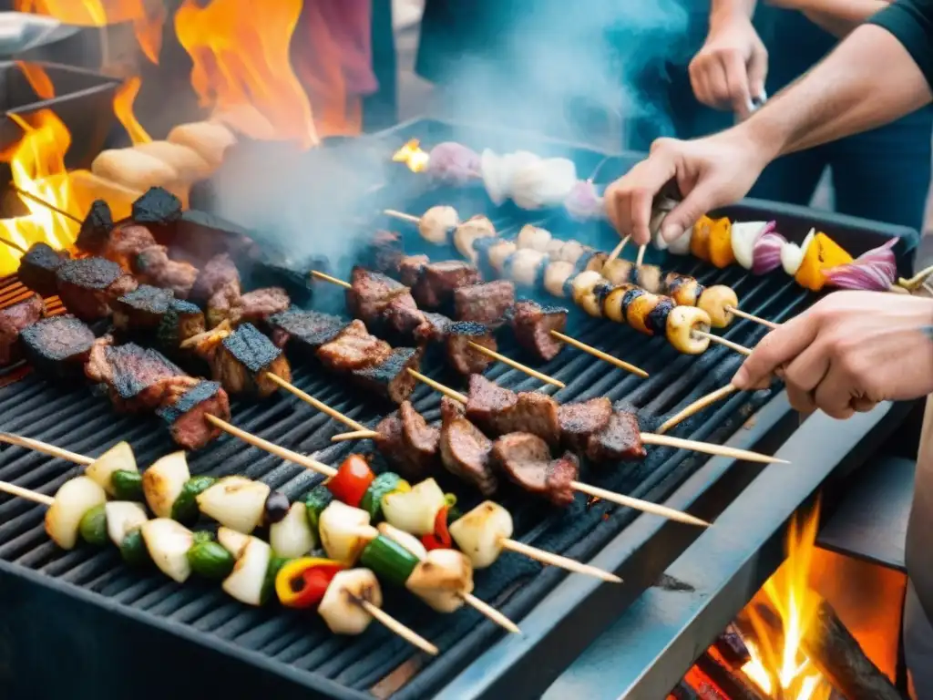 El maestro de la parrilla prepara stigghiola siciliana en un animado mercado callejero