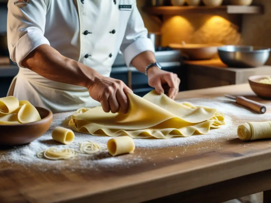 Maestro pasta fresca Bolonia: Chef experto moldea pasta con precisión en cocina rústica