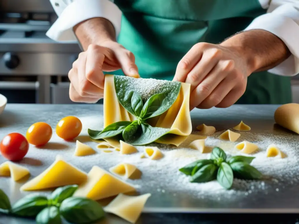 Un maestro pastaero experto en el Campeonato Mundial de Pasta moldea con destreza la masa para farfalle, en una cocina vibrante y detallada