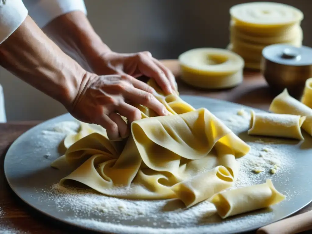 Un maestro pastaero experto en la elaboración de pasta fresca, detallando la textura de la masa, con un toque histórico