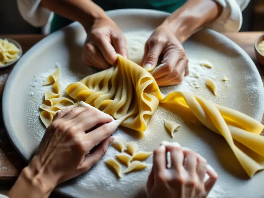 Un maestro pastaero italiano moldea a mano la pasta con destreza, en un ambiente cálido y auténtico