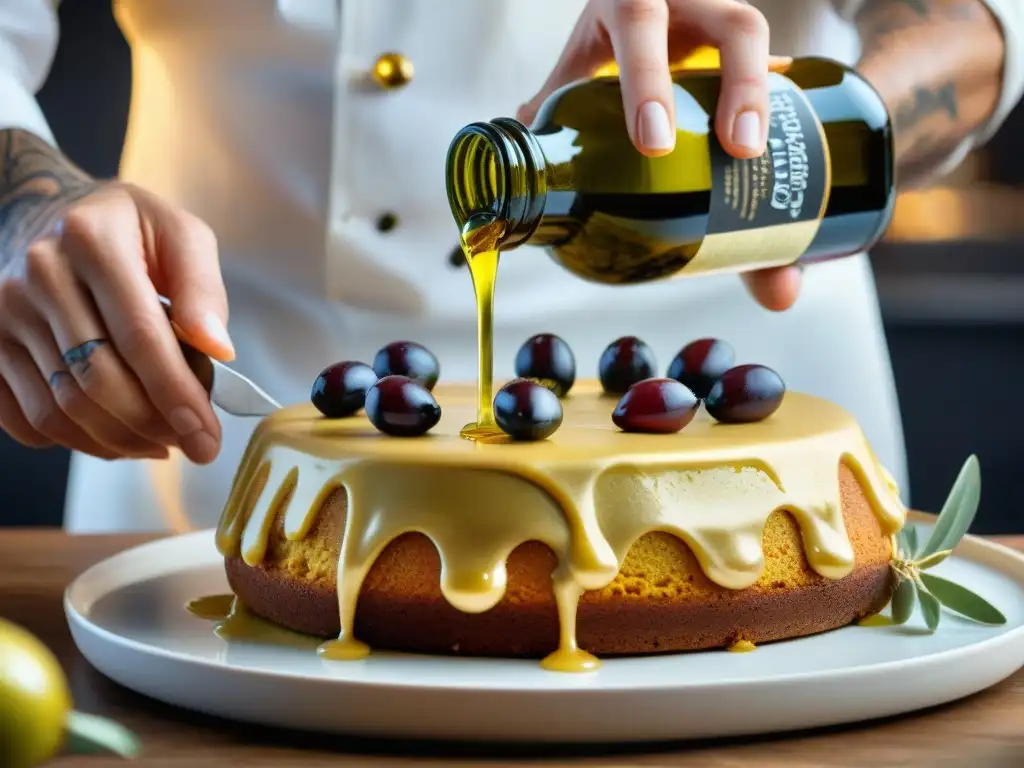 Un maestro pastelero rocía delicadamente aceite de oliva premium sobre un exquisito pastel de aceite de oliva, mostrando su brillo y textura