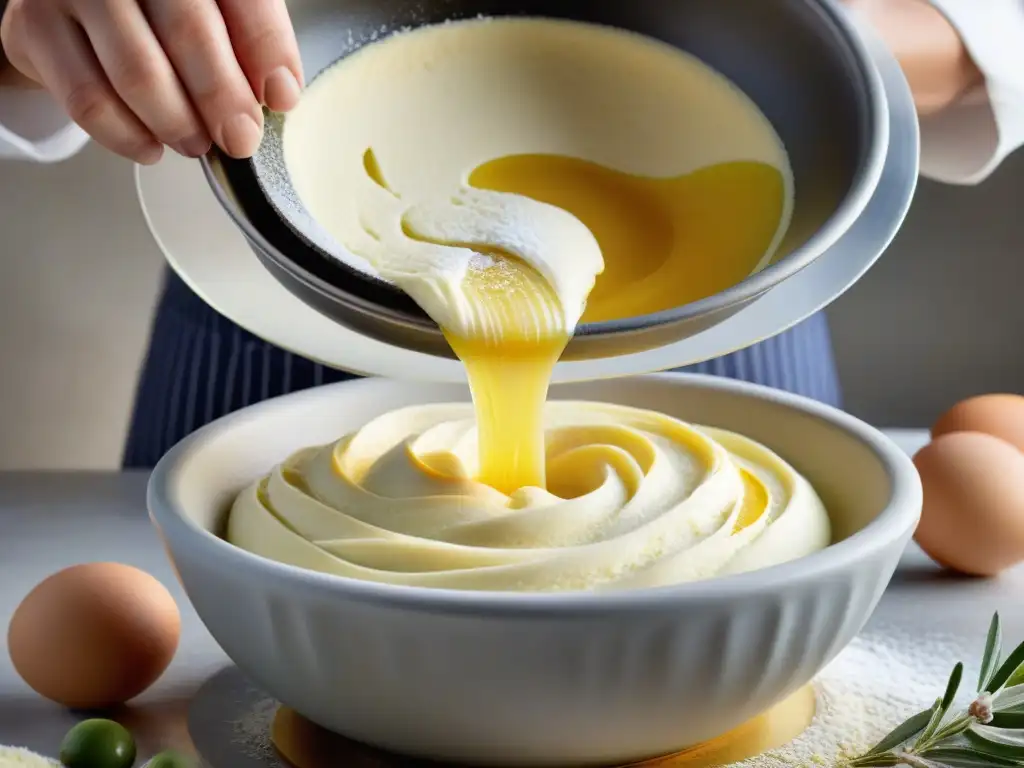 Un maestro pastelero vierte con destreza aceite de oliva premium en una mezcla de repostería, fusionando sabores tradicionales e innovadores