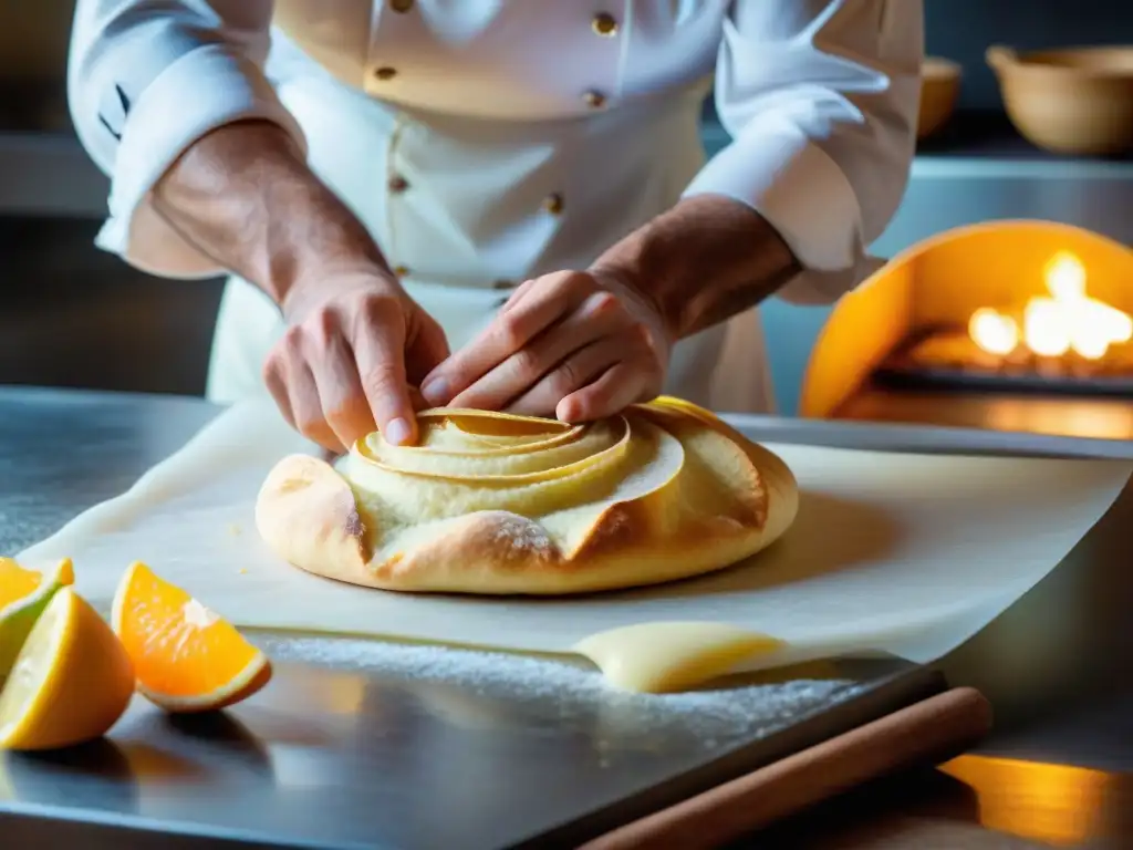 Un maestro pastelero creando con destreza la auténtica sfogliatella italiana en una panadería tradicional