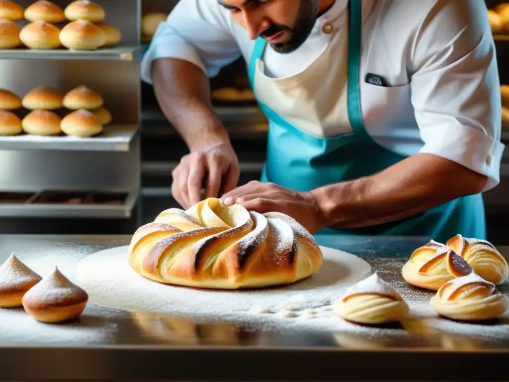 Un maestro pastelero elabora con destreza una sfogliatella napolitana en una bulliciosa panadería tradicional en Nápoles, Italia