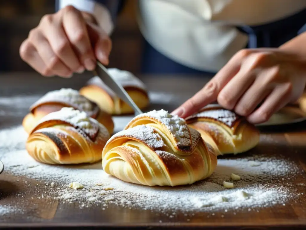 El maestro pastelero prepara con destreza una sfogliatella tradicional napolitana en una cocina rústica, evocando tradición y artesanía