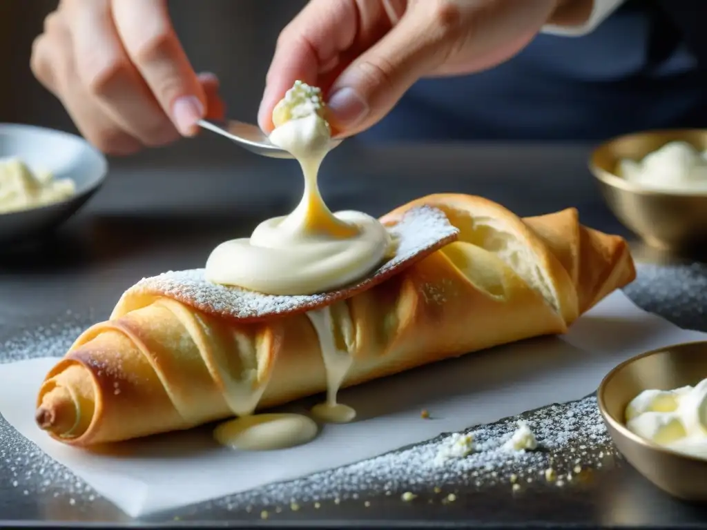 Un maestro pastelero rellena con destreza cannoli sicilianos, mostrando la auténtica receta deliciosa