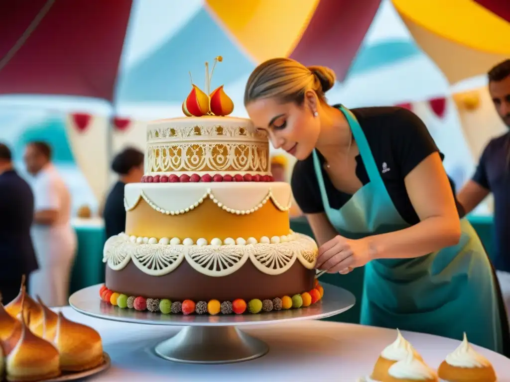 Un maestro pastelero crea diseños intrincados en una tarta de boda en la Sagra del Dolce en Venecia, Italia